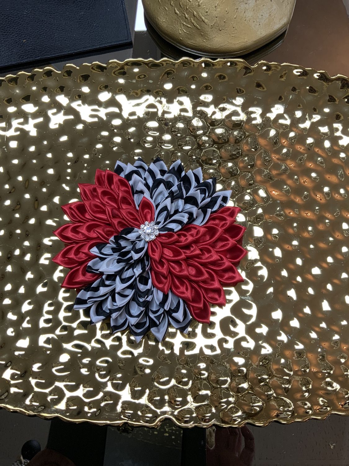 Woman Cloth Satin Flower Custom Made Brooch Pin Black, White and Red with Silver Center Clear Stone Silver Accents Large