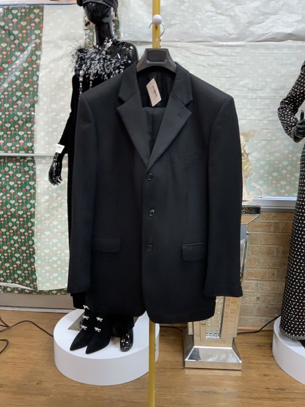 Men Black Pin Strip Black 2 Pcs Suit with Black Buttons Size 40?