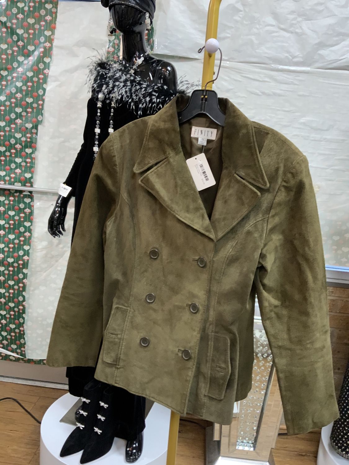 Woman Olive Suede Leather Double Breasted Jacket Size 12