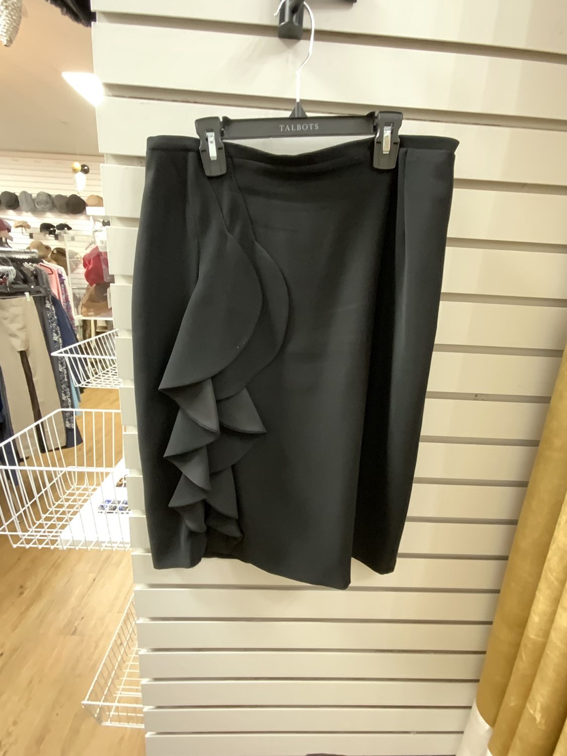 Woman Black Pencil Skirt with Ruffle Side Detail Size 10