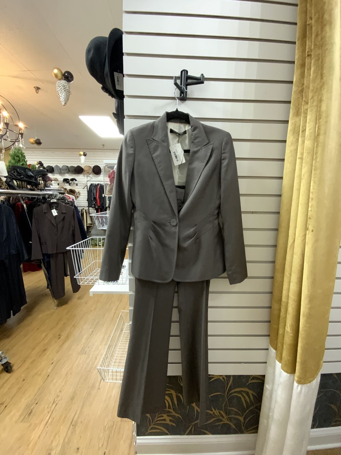 Woman 2 Pcs Pants Suit Taupe with Tan Stich on Jacket and Wide Pants Legs Size 2