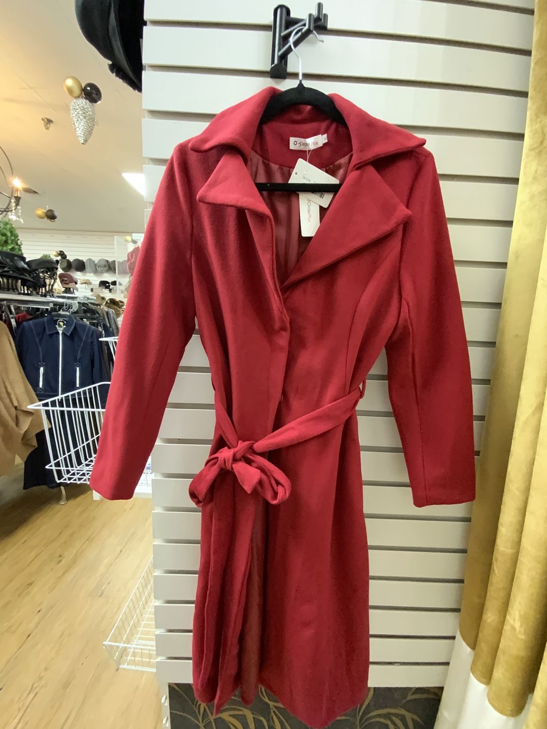 Woman Red Long Coat with Tie Size XL