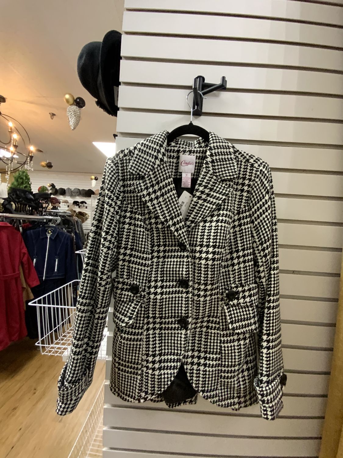 Woman Coat Pea Coat In Black and White Houndstooth Pattern Size Med