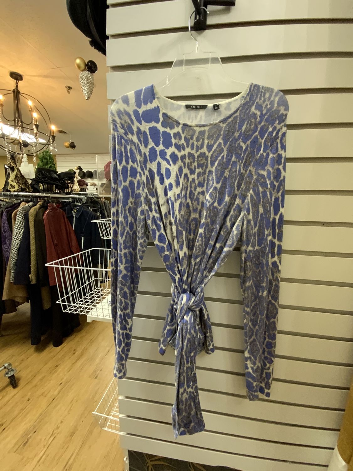 Woman Blue and Gray Animal Print Sweater Top with Belt Size Large