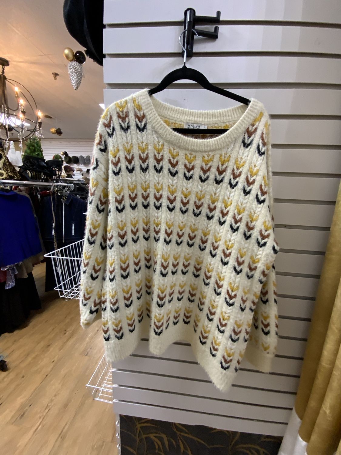 Woman Agnieszka Cream and Browns oversized Knit Sweater with Herringbone Pattern Size Large