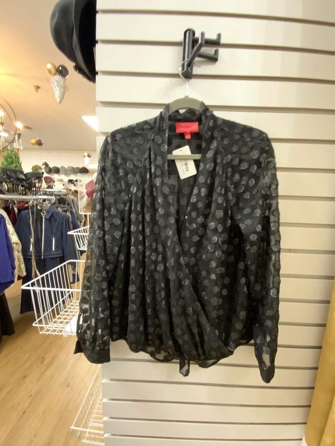 Woman Long Sleeve Sheer Black Dot Shirt Size Large