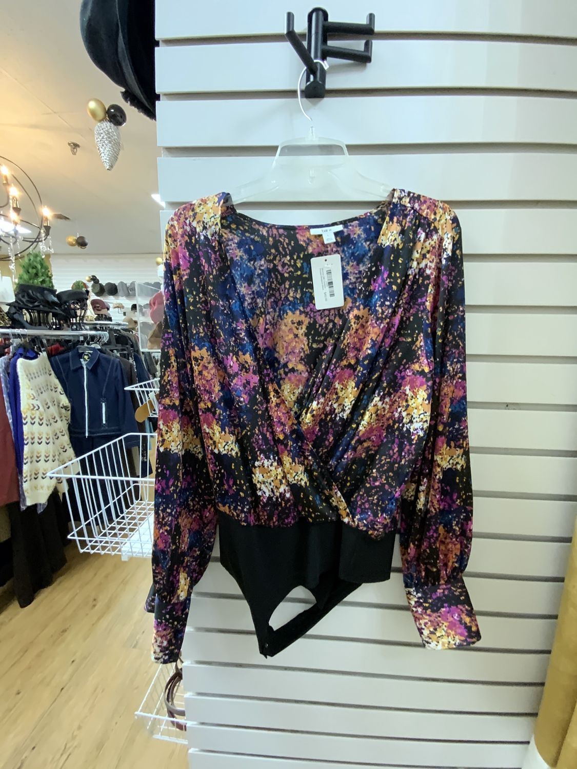 Woman Silk Confette Printed Bodysuit Black and Purple Colts Size Large