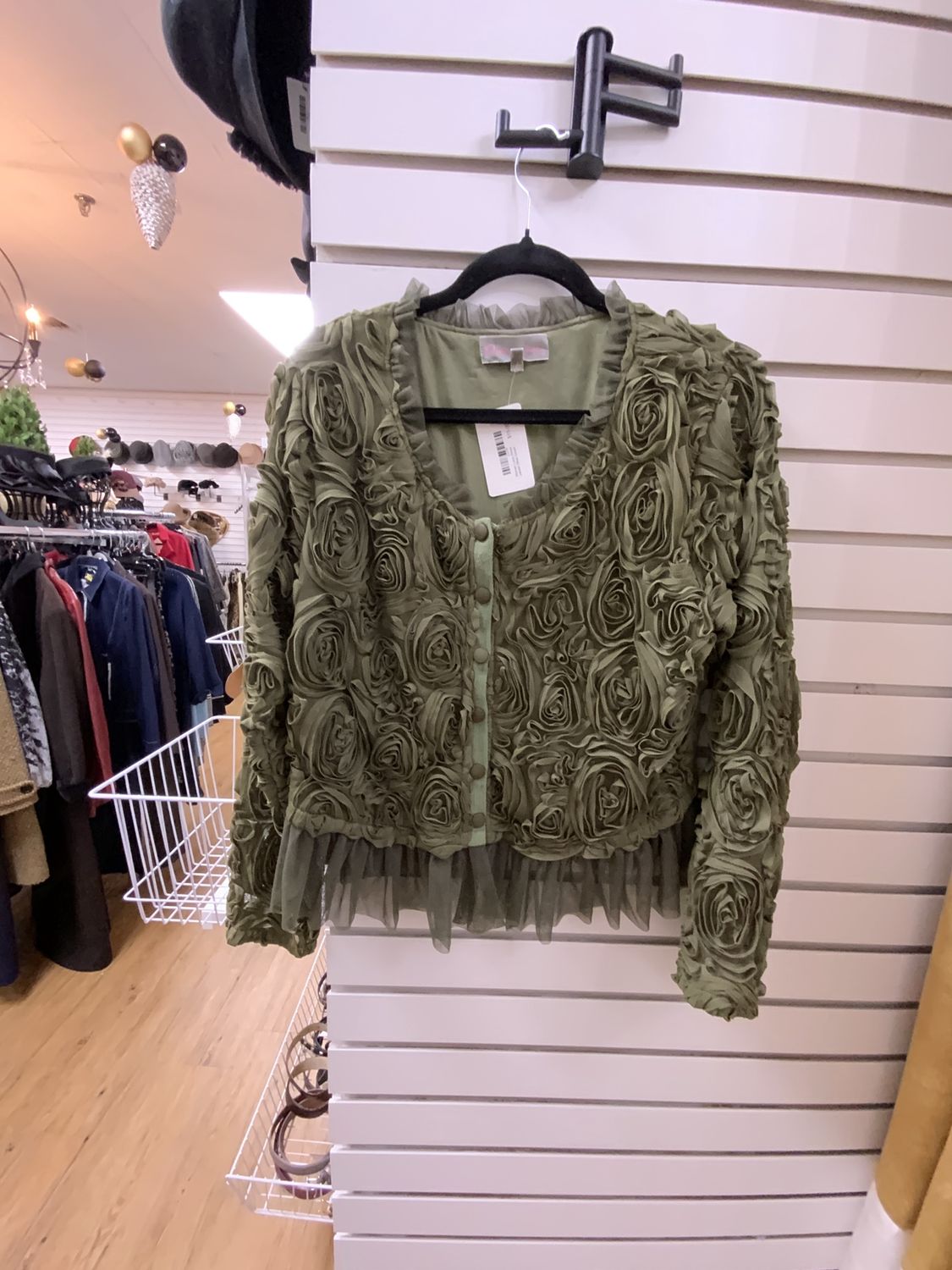 Woman Lace Sheer Jacket Olive Green Size Large
