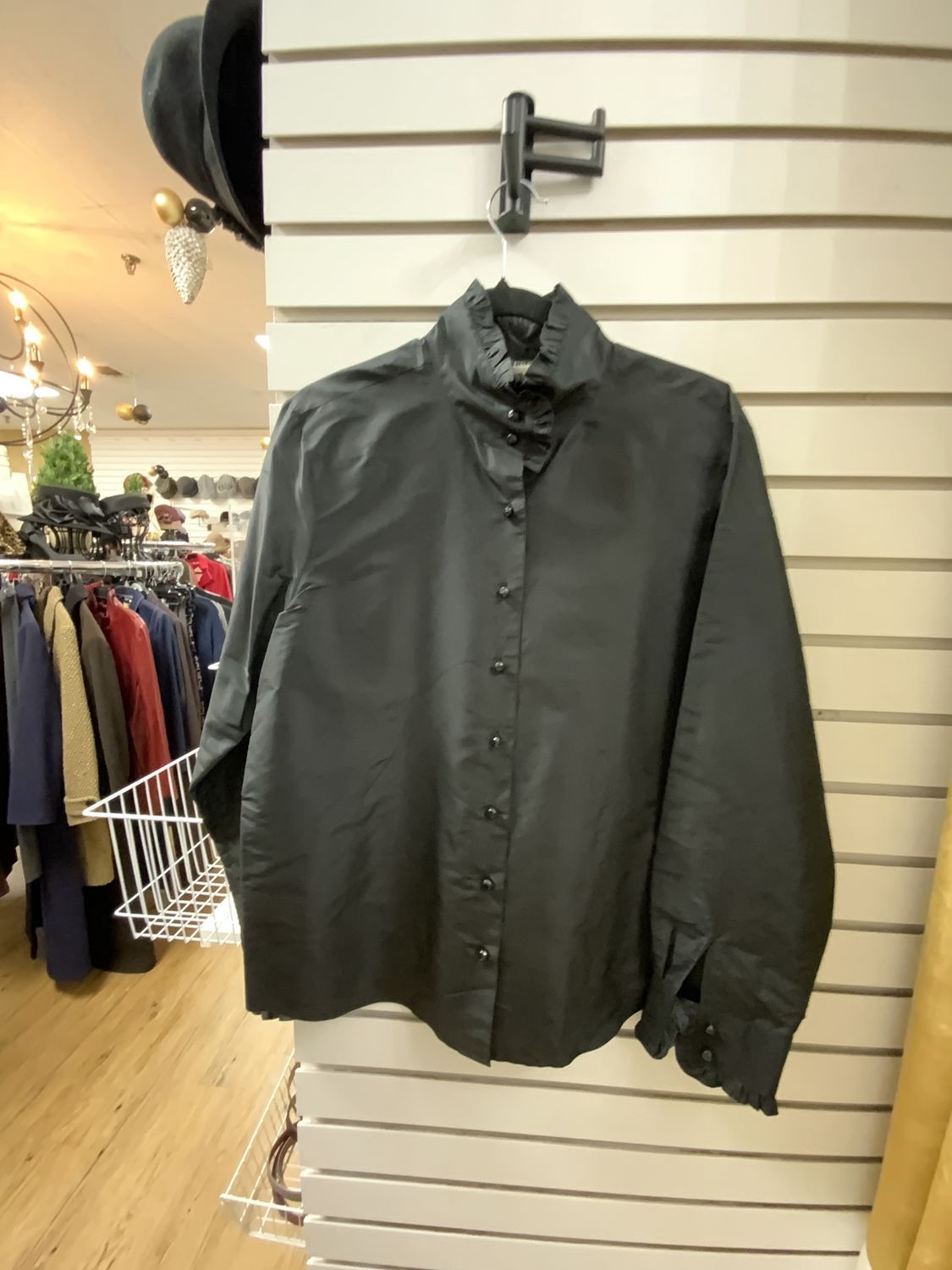 Woman Black Blouse Satin Button Down Size 14