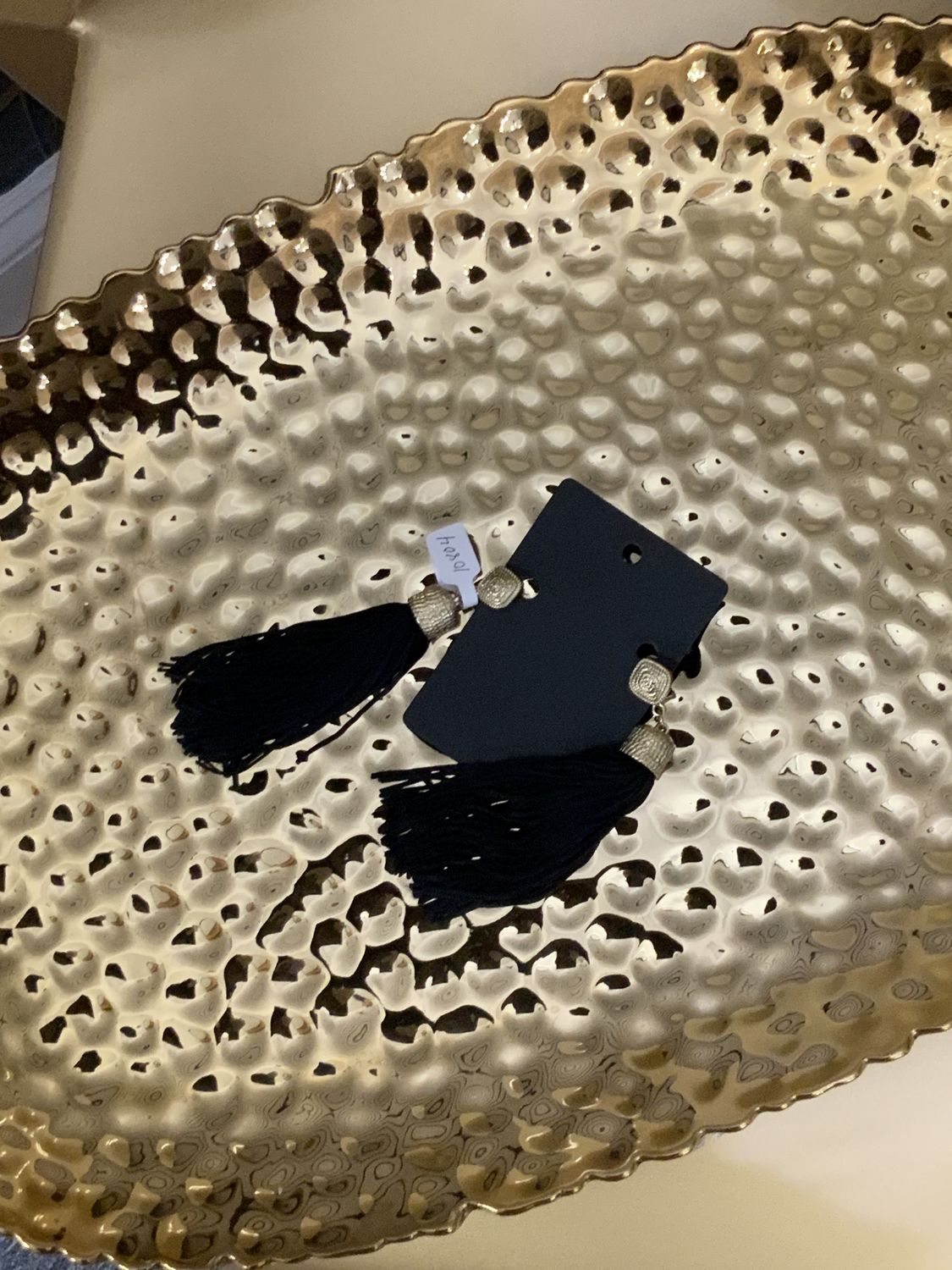 Woman Gold Tone Black Tassel Earrings