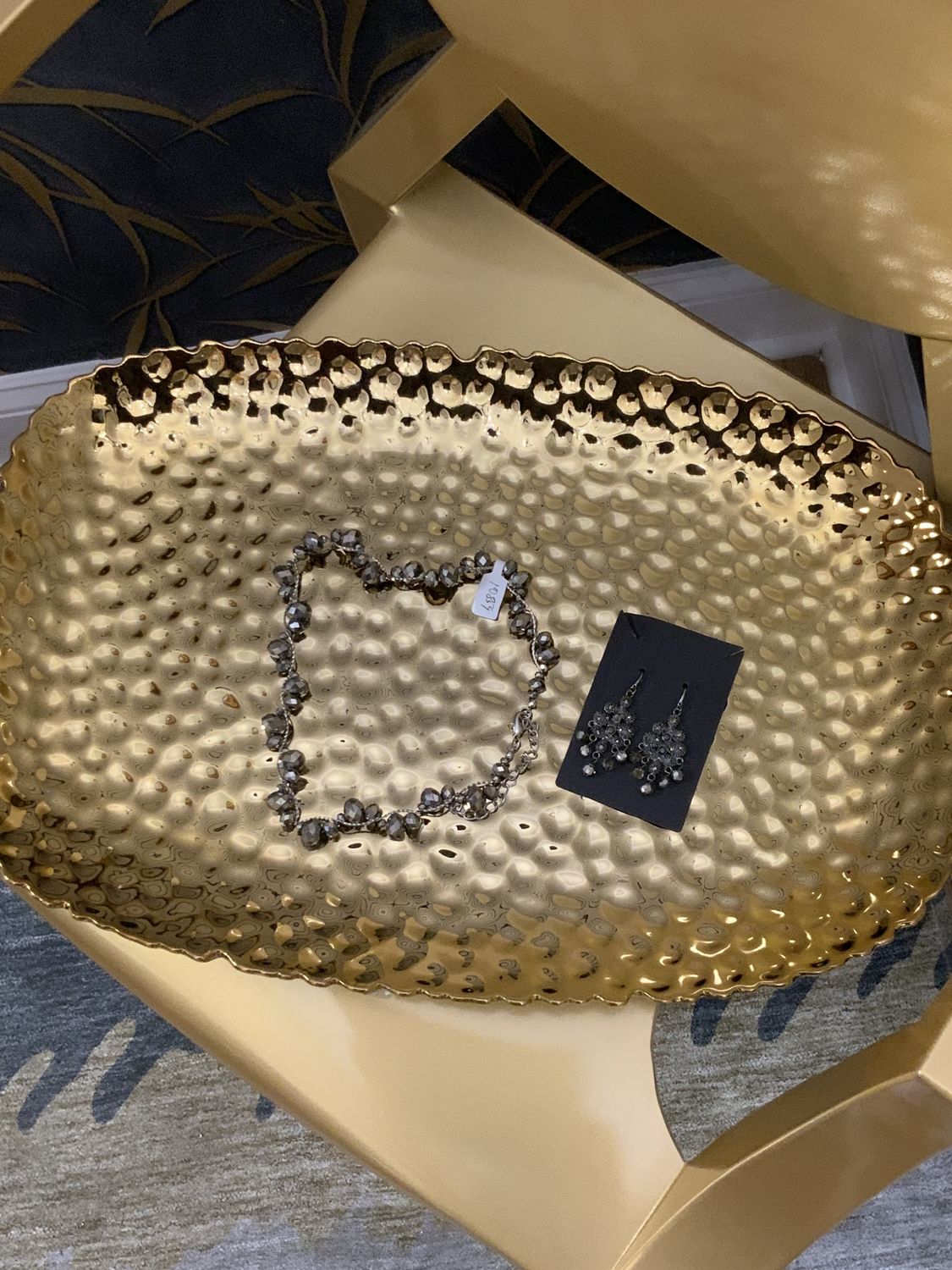 Woman Dark Silver Tone with Dark Silver Beads 2 Pcs. Set Necklace and Drop Earrings