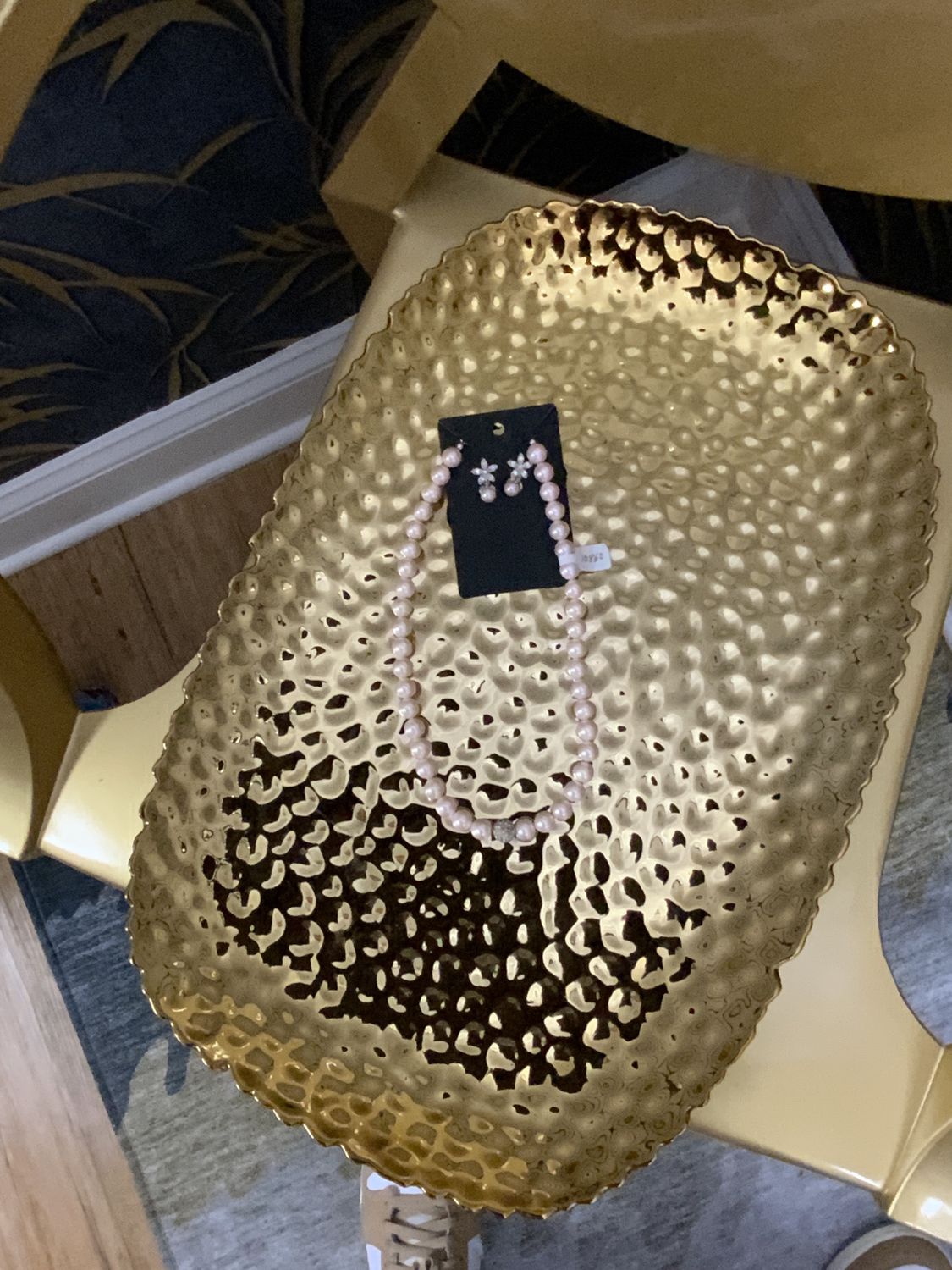 Woman 2 Pcs Set Pink Pearls with Clear Stone Balls  Necklace and Earrings