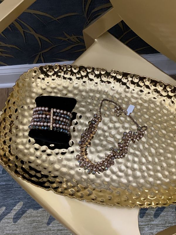 Woman Gold Tone Beaded Crystal Choker Necklace with Bracelet 2 PCS Set