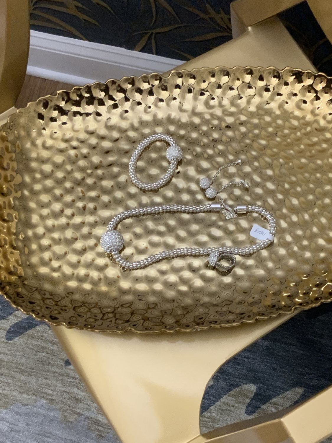 Woman Silver Tone with Round Ball with Clear Stones 4 Pcs Set Necklace, Earrings, Ring, and Bracelet