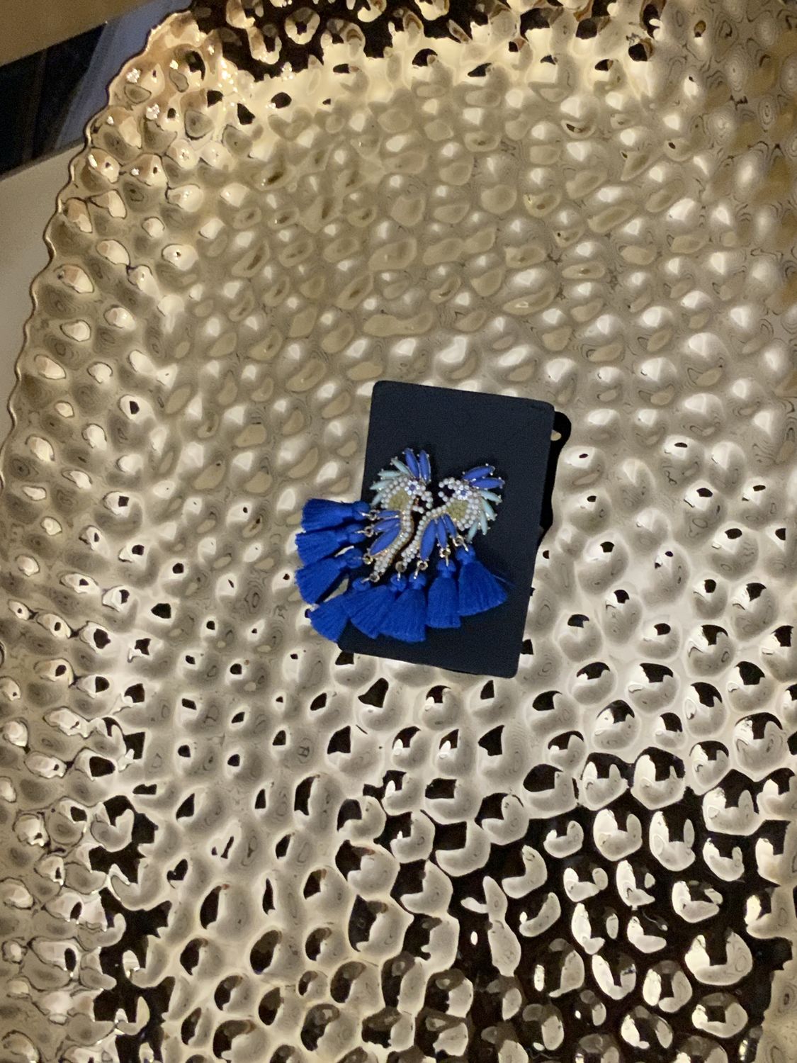 Woman Gold Tone Blue Rhinestone and Faux Pearl Parrott Tassel Drop Earrings