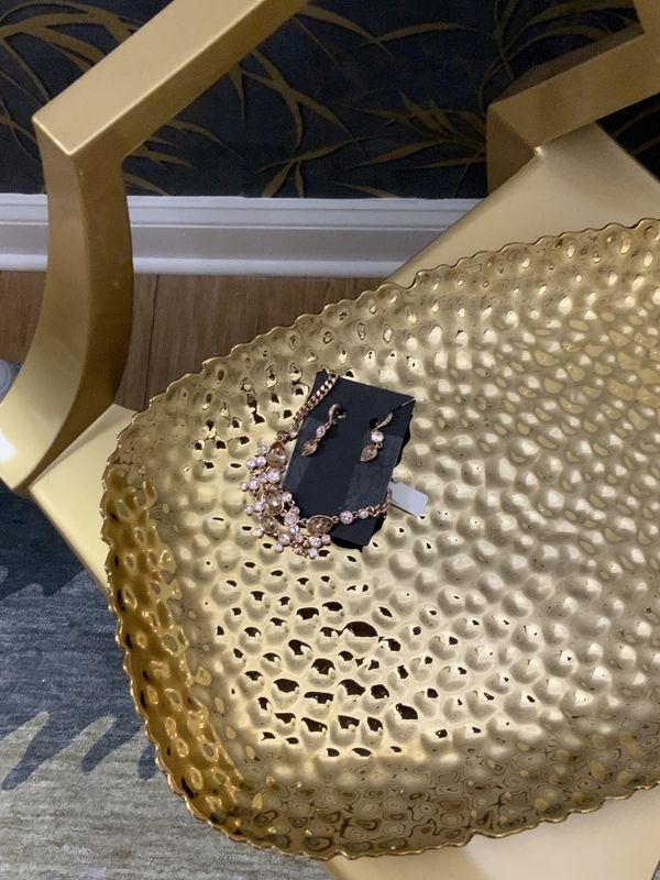 Woman 2 Pcs Set Necklace and Earrings Rose Gold Tone with Taupe Stones