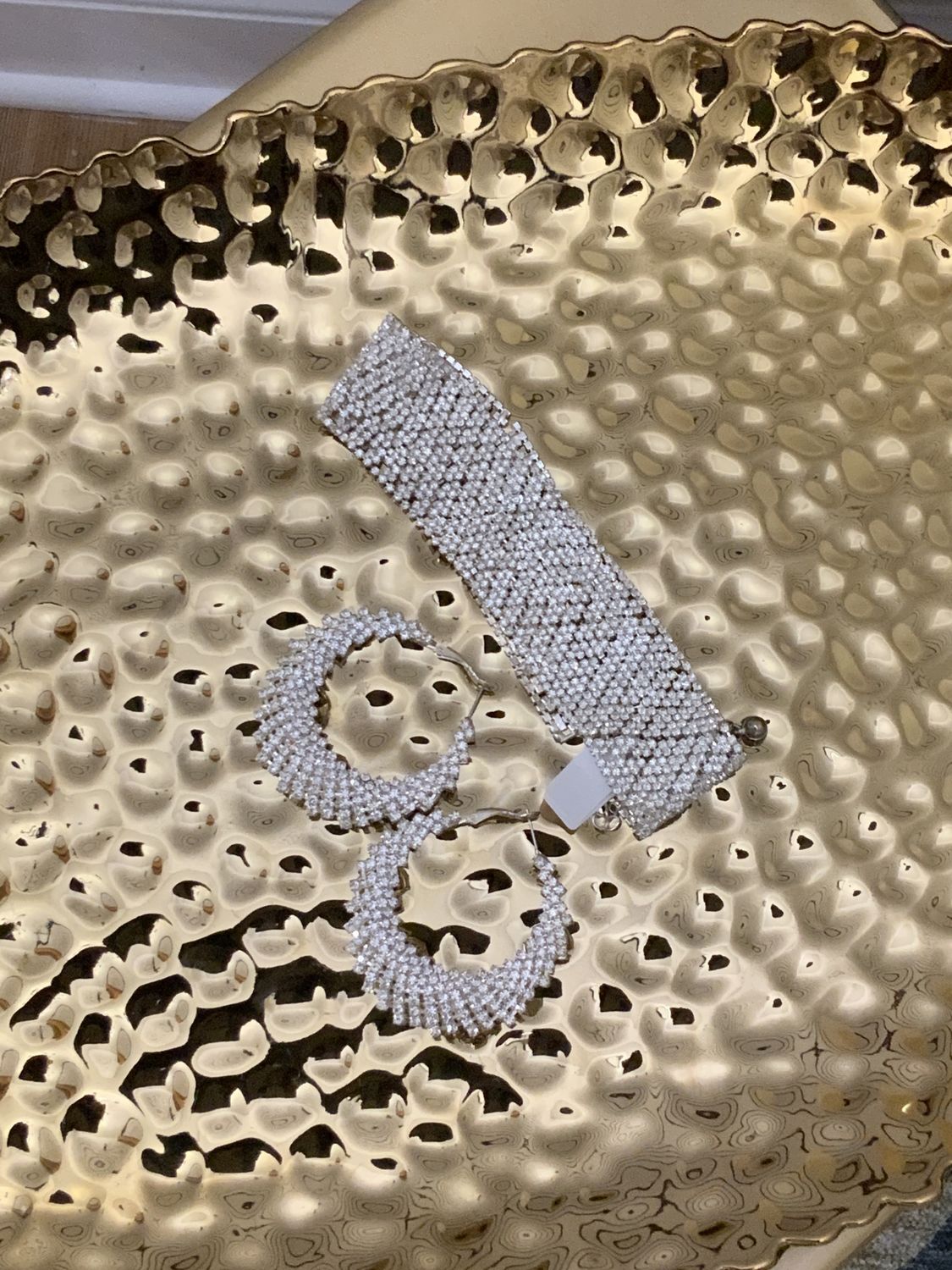 Woman 2 Pcs Set Silver Tone Rhinestone Choker and Hoop Earrings