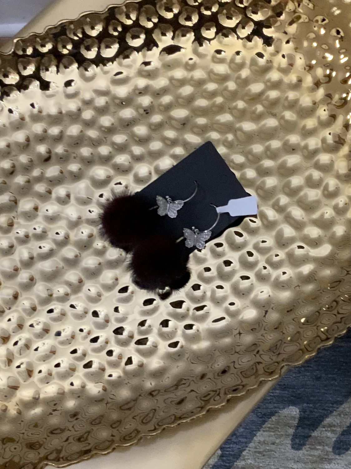 Woman Silver Wine Real Mink Pom Pom Dangle with Butterfly Earrings