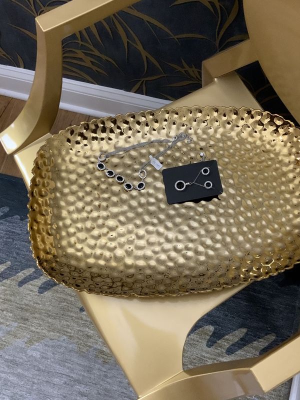 Woman Black and Silver Tone with Clear Stones 3 Pcs Set Two Necklaces and Earrings