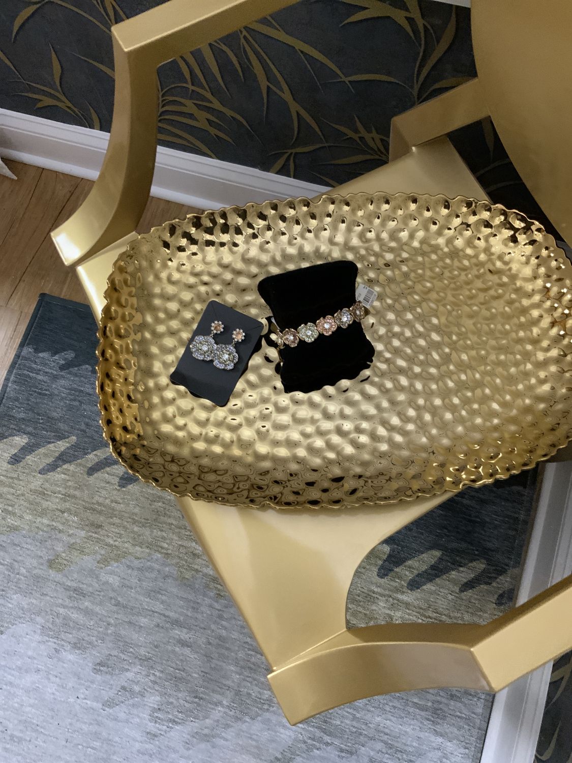 Woman 2 Pcs Set Gold Tone Flower Earrings and Bracelet Baby Blue Green Orange and Clear Stones