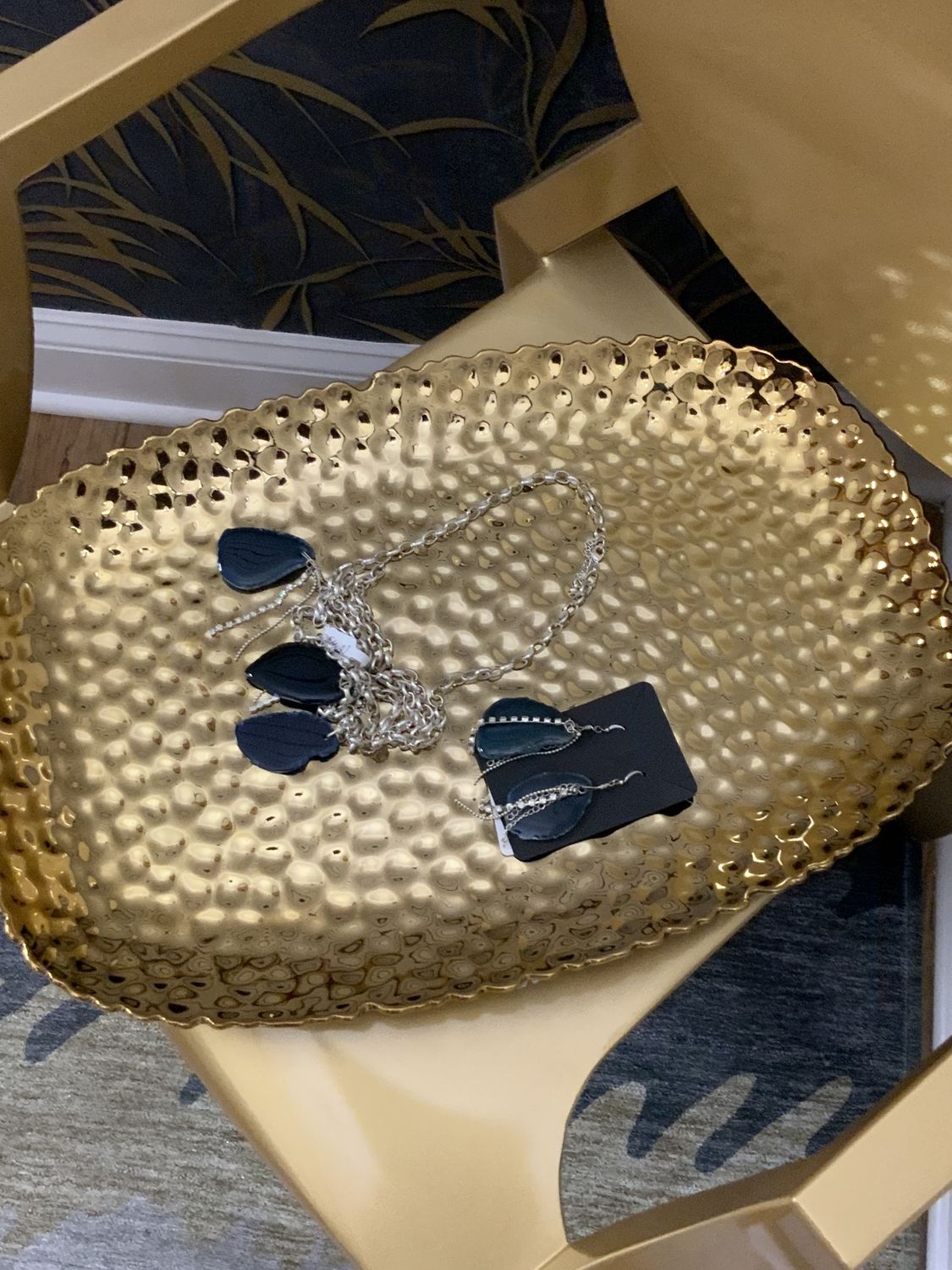 Woman Silver Tone 2 Pcs Set Agate Slice Drop Blue Stone with Clear Stone Chain Necklace and Earrings