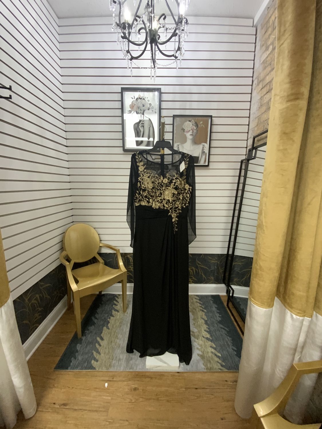 Woman Black Long Chiffon Gown with Gold Detail and Gold Stone Size 8 New Reg $299.00