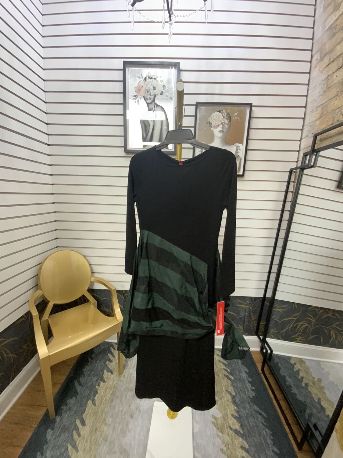 Woman Black Long Dress with Green and Black Silk Asymmetrical Green and Black Block Print in Silk NEW Size XS Reg $228.00