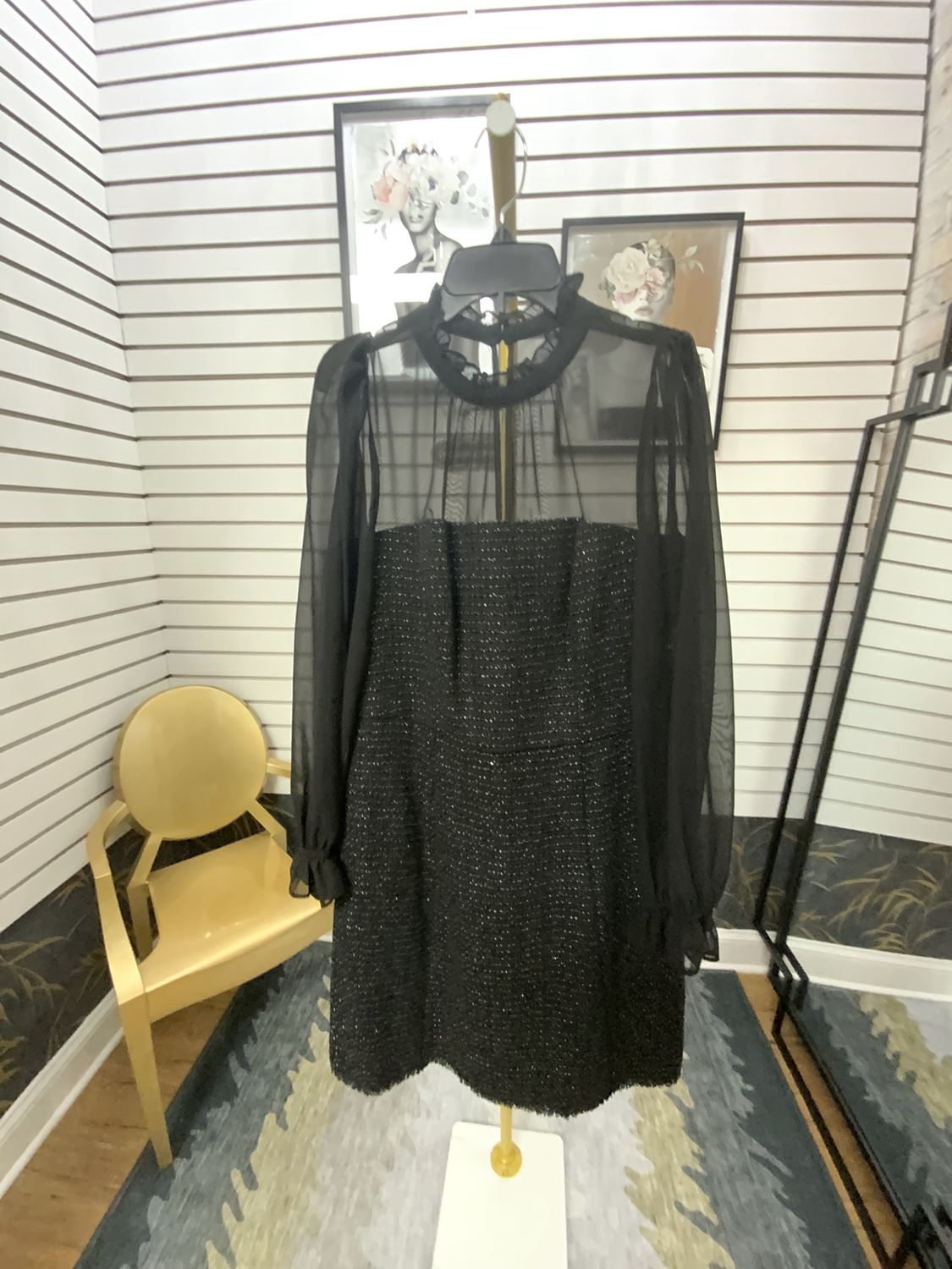 Woman Black Tweed Chiffon Top Part Dress with silver details New Size 10 Reg $158.00