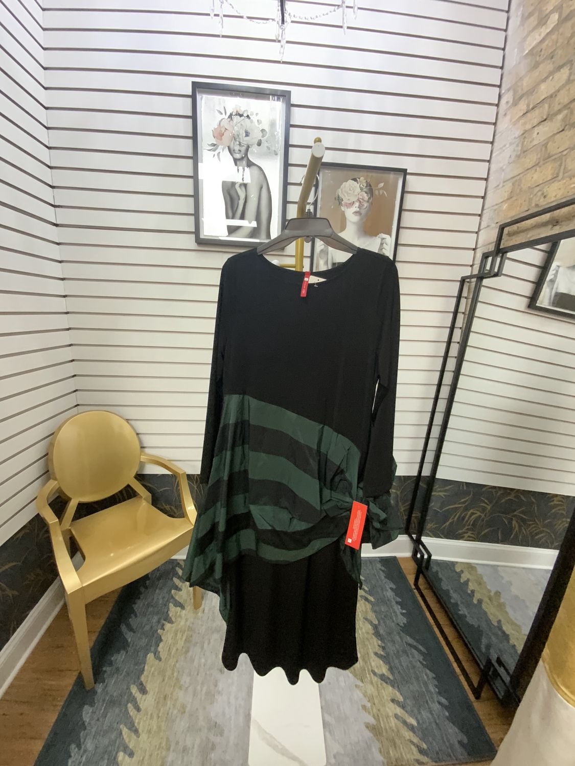 Woman Black Long Dress with Green and Black Silk Asymmetrical Green and Black Block Print in Silk NEW Size XL Reg $228.00