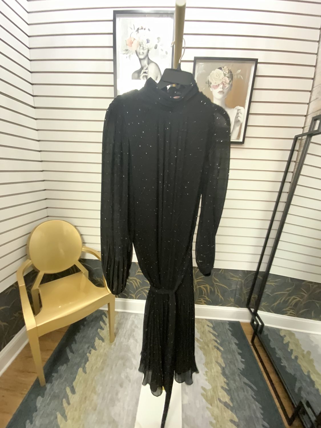 Woman Black Dress Pleated with Silver Spakles New Size 6 Reg $ 188.00