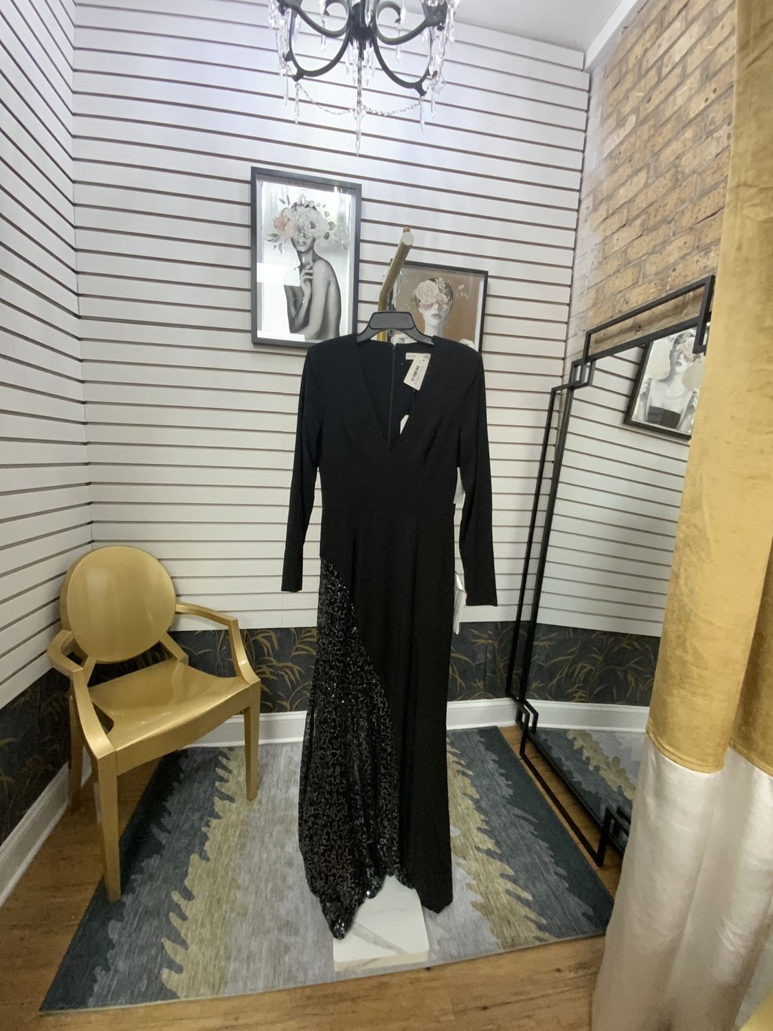 Woman Black Long Gown with Bottom Side Sequins Pleated New Size Med Reg $ 428.00