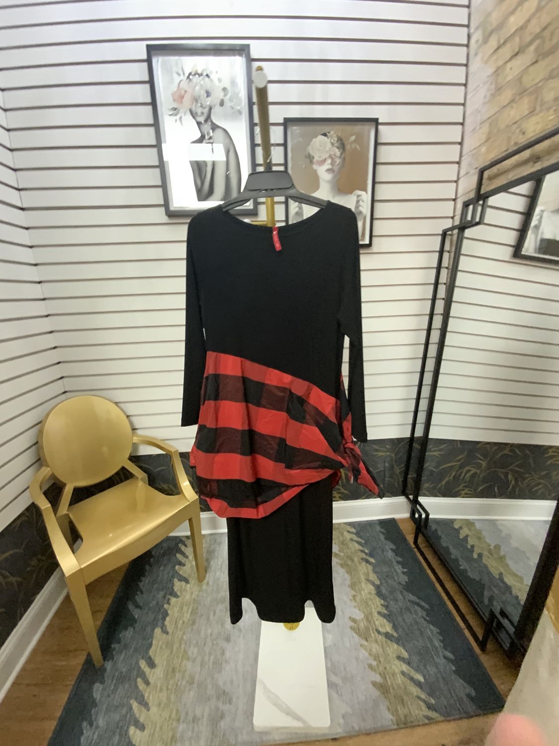 Woman Black Long Dress with Red and Black Silk Asymmetrical Red and Black Block Print in Silk NEW Size Large Reg $228.00