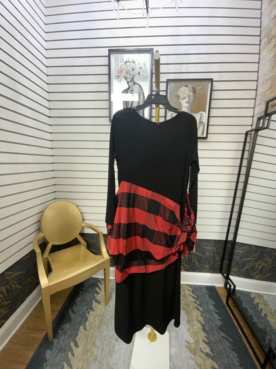 Woman Black Long Dress with Red and Black Silk Asymmetrical Red and Black Block Print in Silk NEW Size Small Reg $228.00