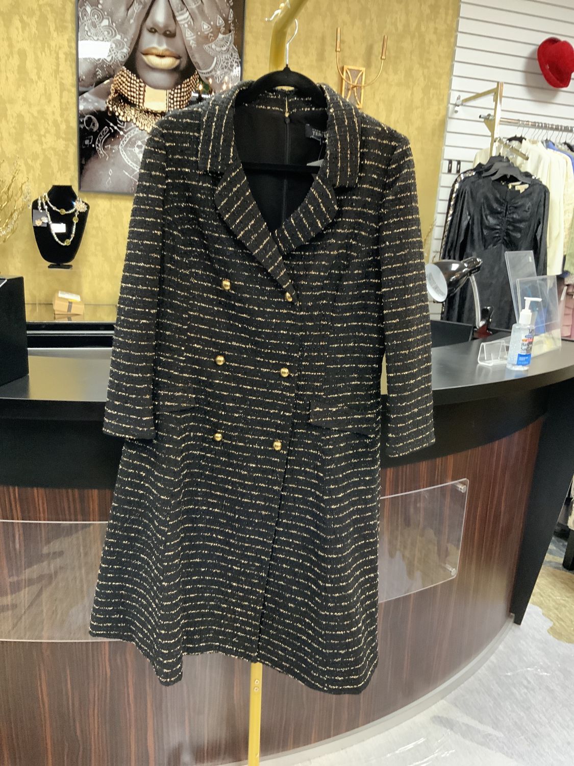 Woman Black and Gold Tweed Coat Dress Size 14