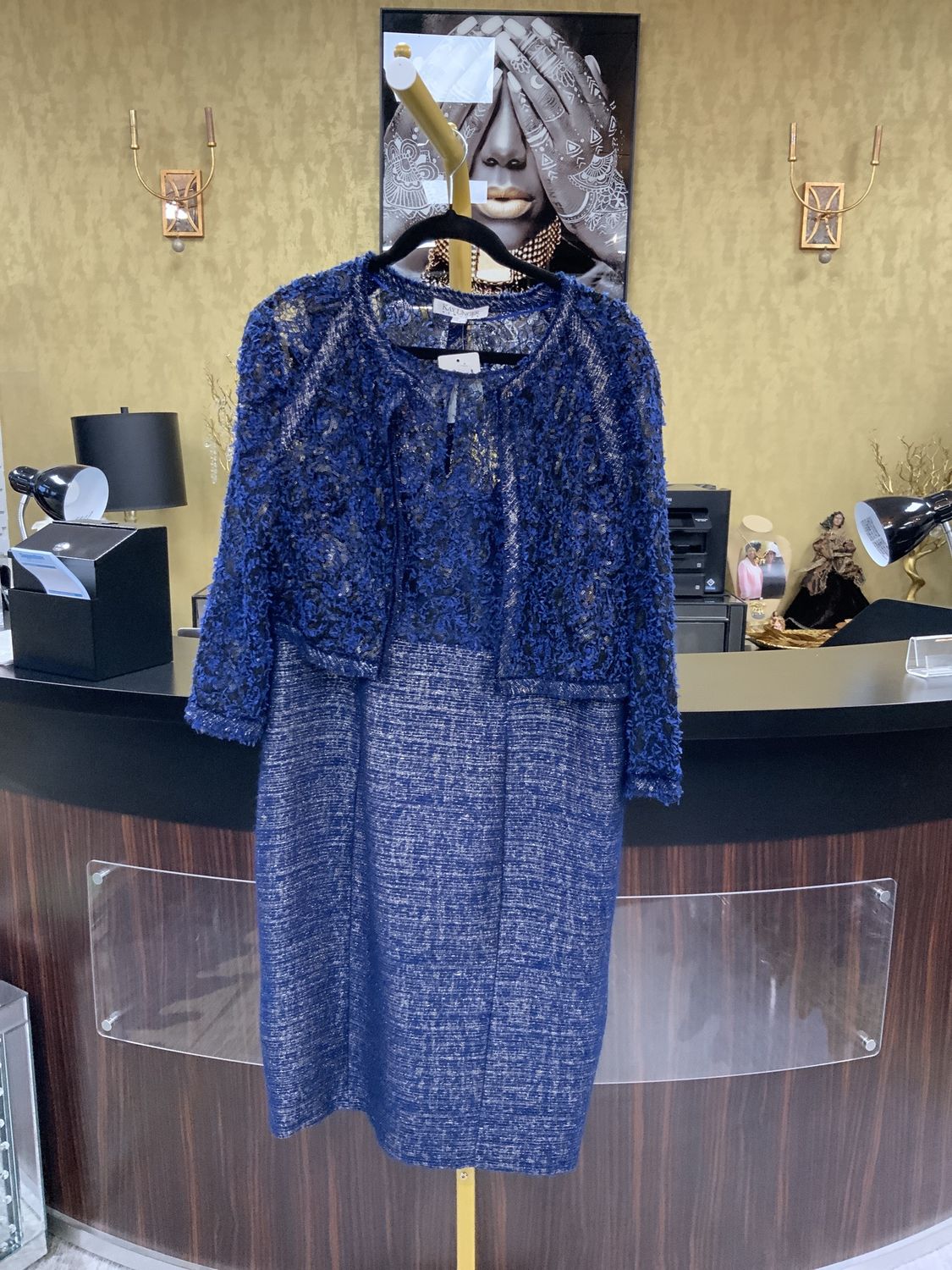 Woman 2 PCS Blue and Black Dress and Jacket Lace with sequins  Size 14