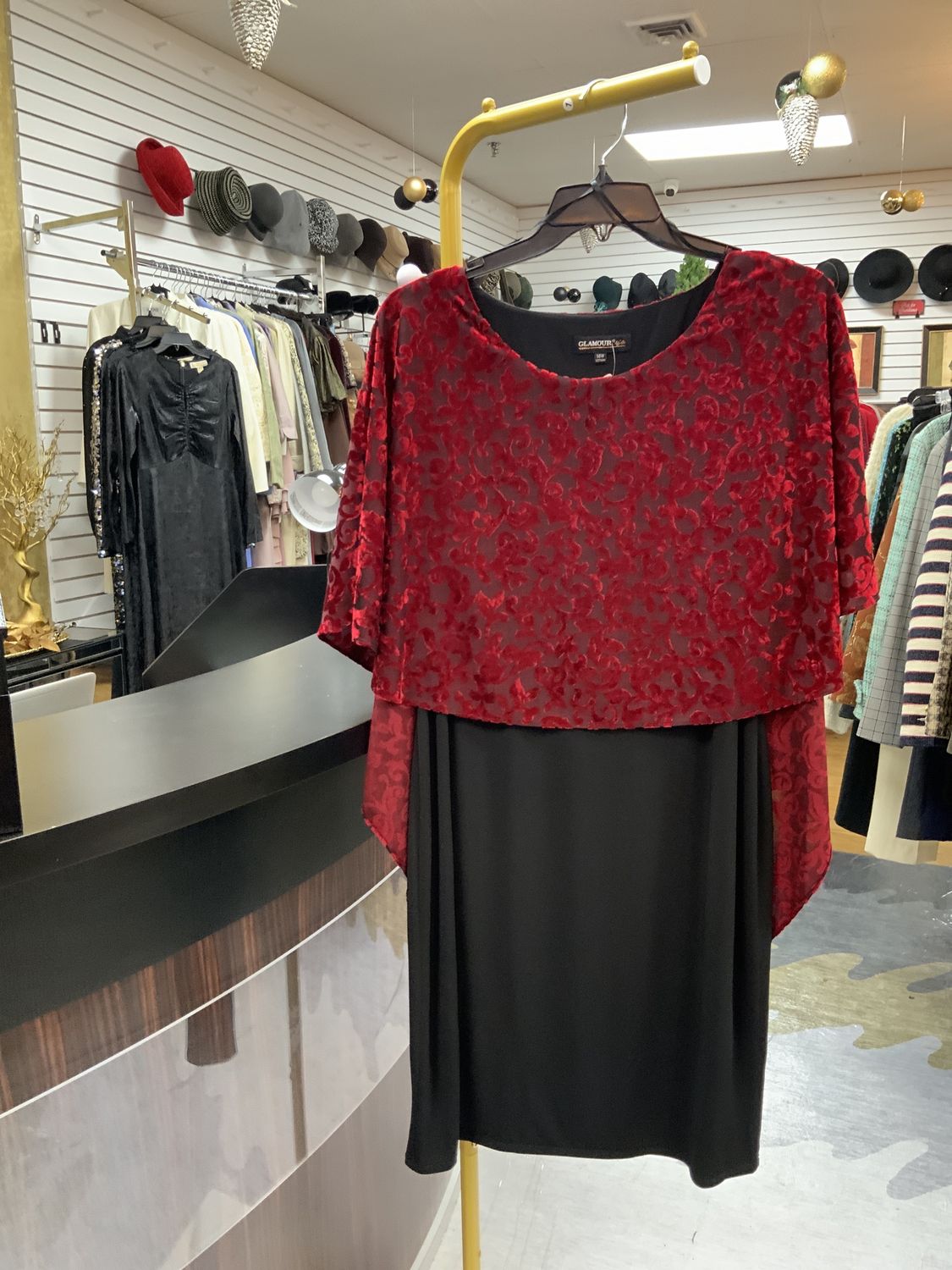 Woman New  Dress Glamour Nights Red Black Burnout Velvet Capelet Overlay with Black Sheath Knee-Length Skirt Dress (Plus Size) 14 W