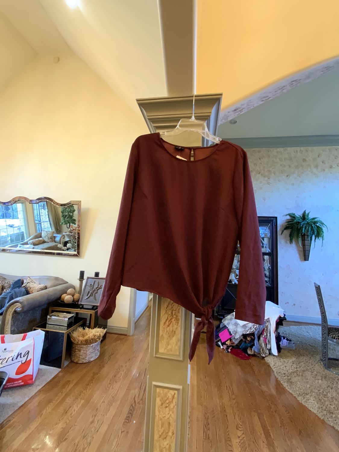 Woman Maroon Silk Blouse with Tie Side Size XL