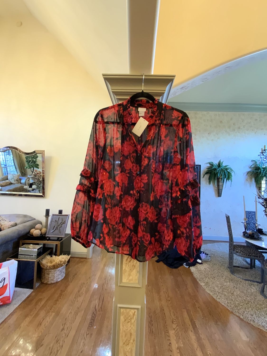 Woman Sheer Red and Black Blouse Size 1