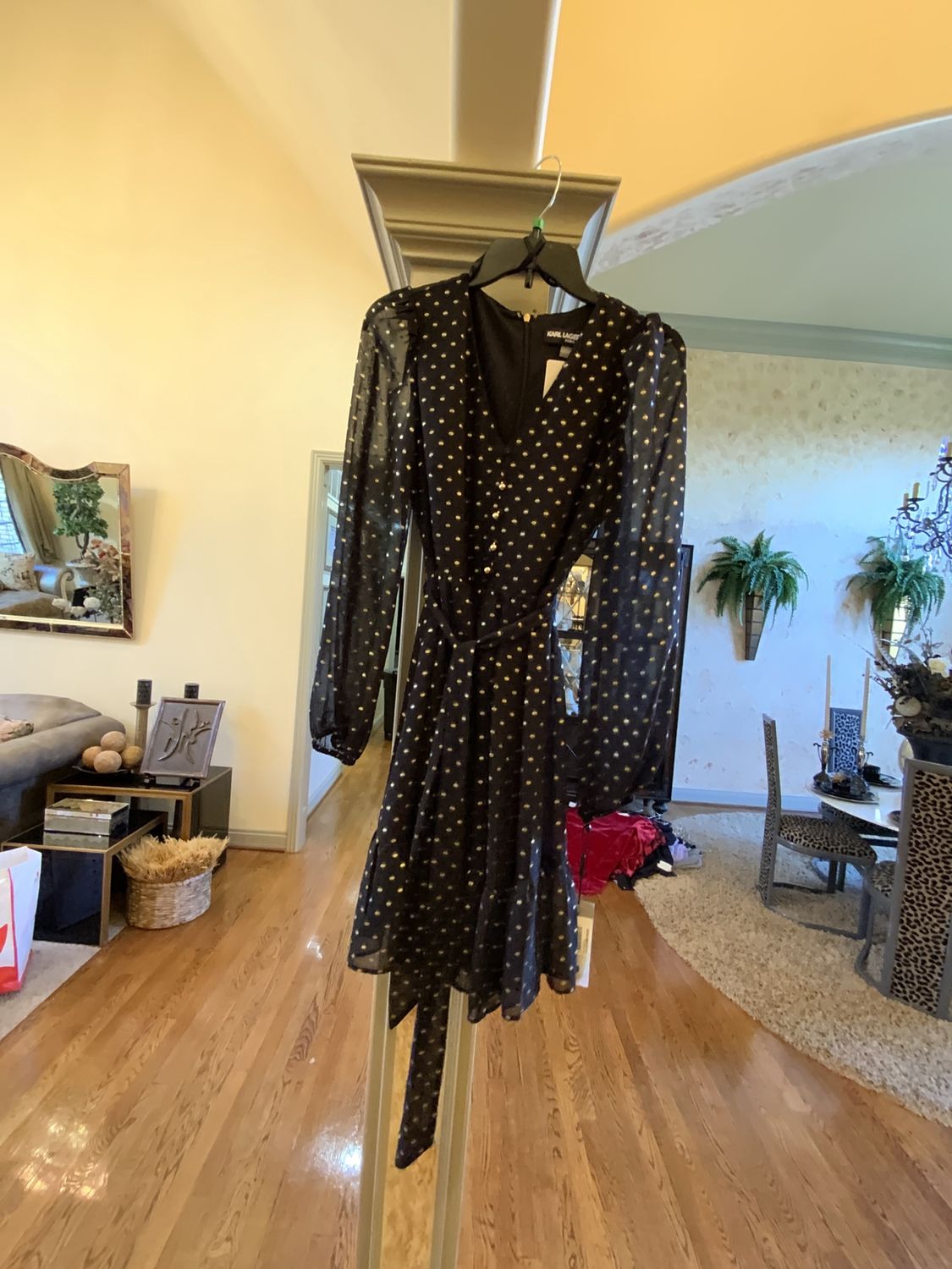 Woman Sheer Black and Gold Dots Dress Size O
