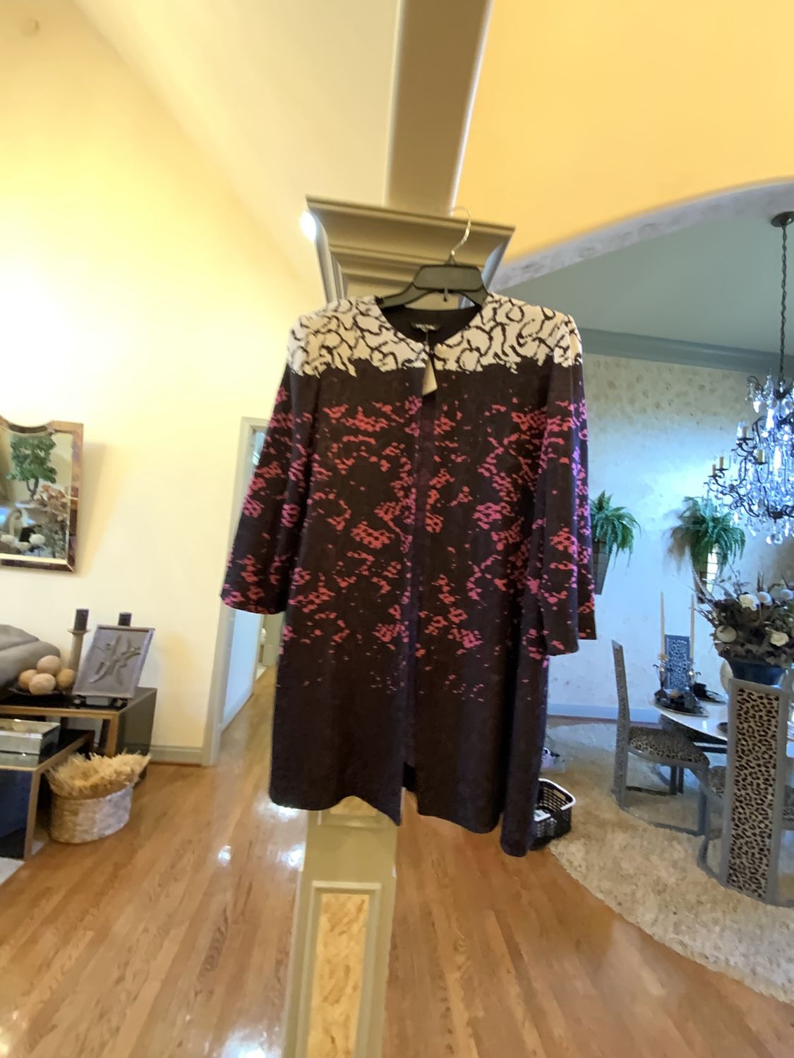 Woman Long Black, Fushci and Cream Jacket Reg $325. Size Large