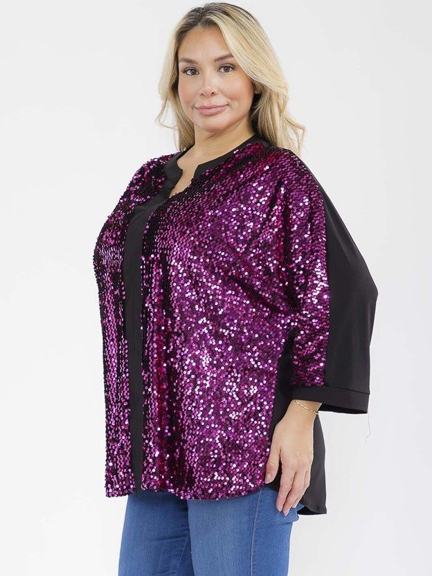 Woman Plus Size 3/4 Sleeve V-Neck Sequins Tunic Blouse Size 1X