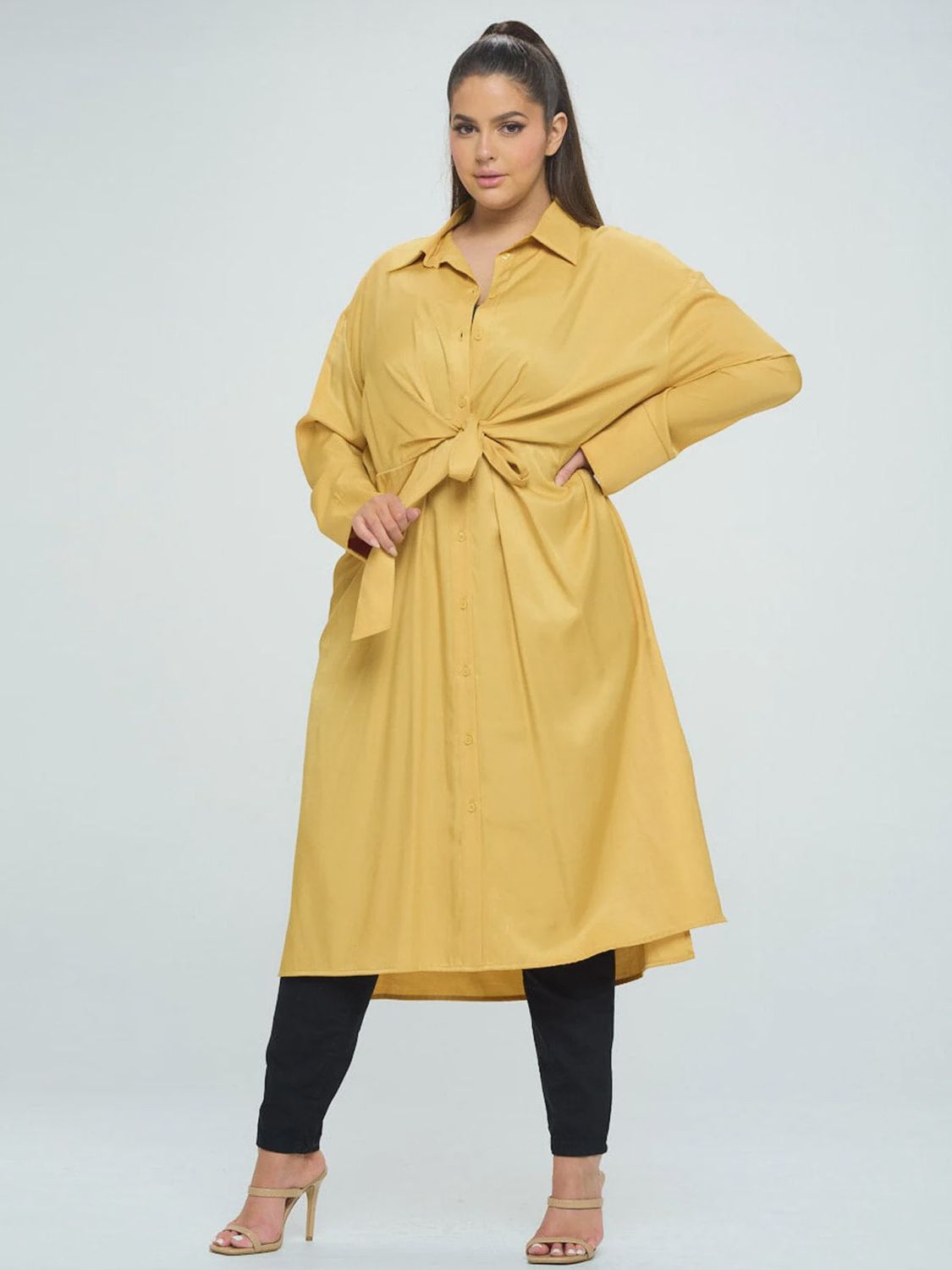 Woman Mustard Long Sleeves Button Up Tunic Size 2X