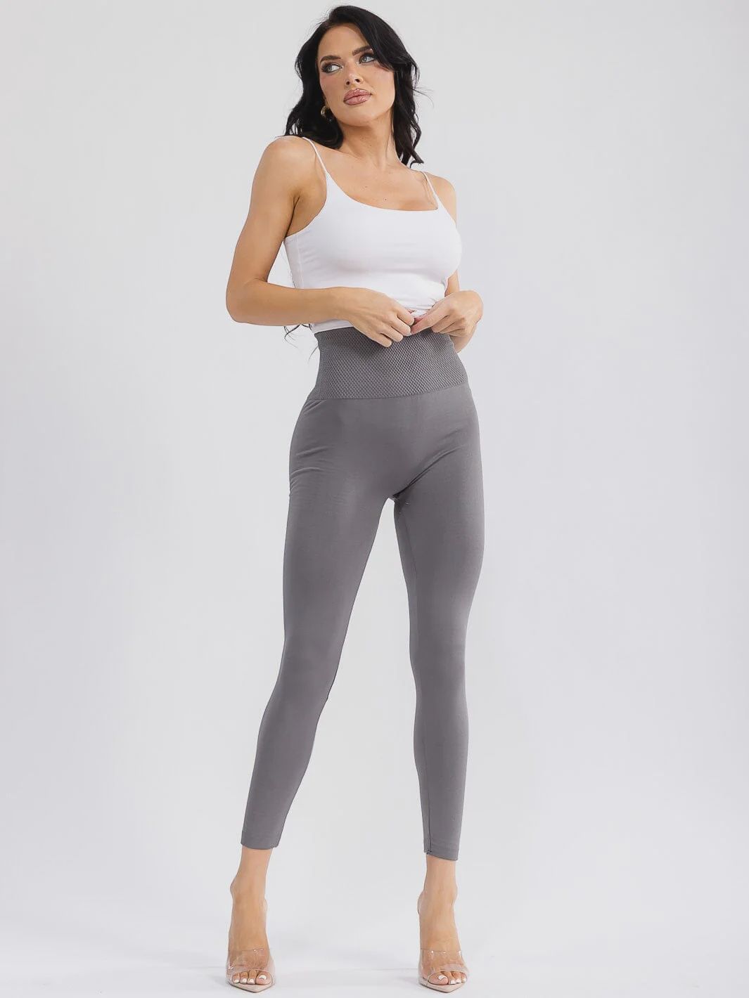 Woman Grey Elastic Waist Fleece Leggings One Size Fit All