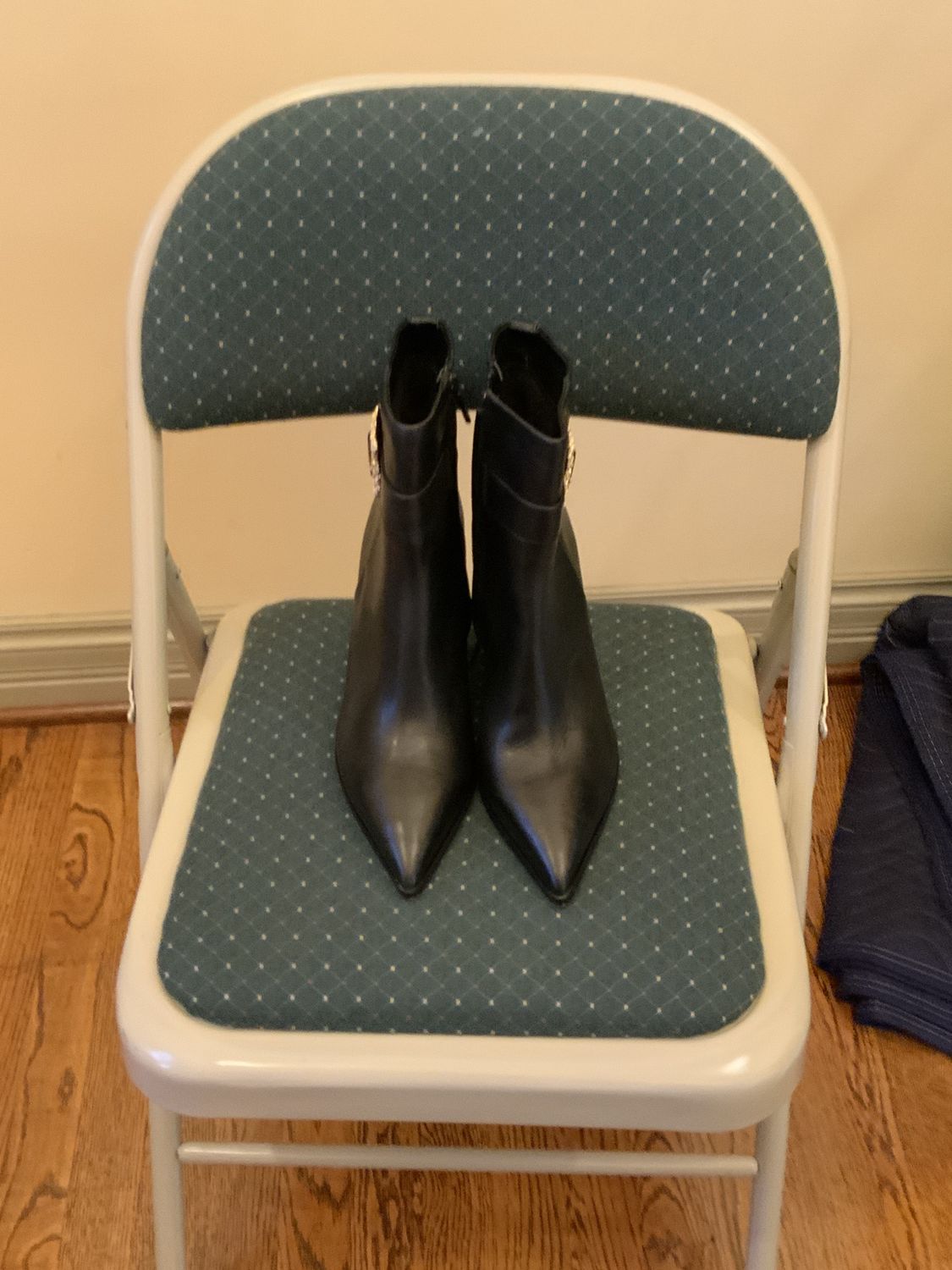 Woman Black Ank Boots Leather Pointed Toe Wedge Heel with Gold Side Buckle Size 8.5