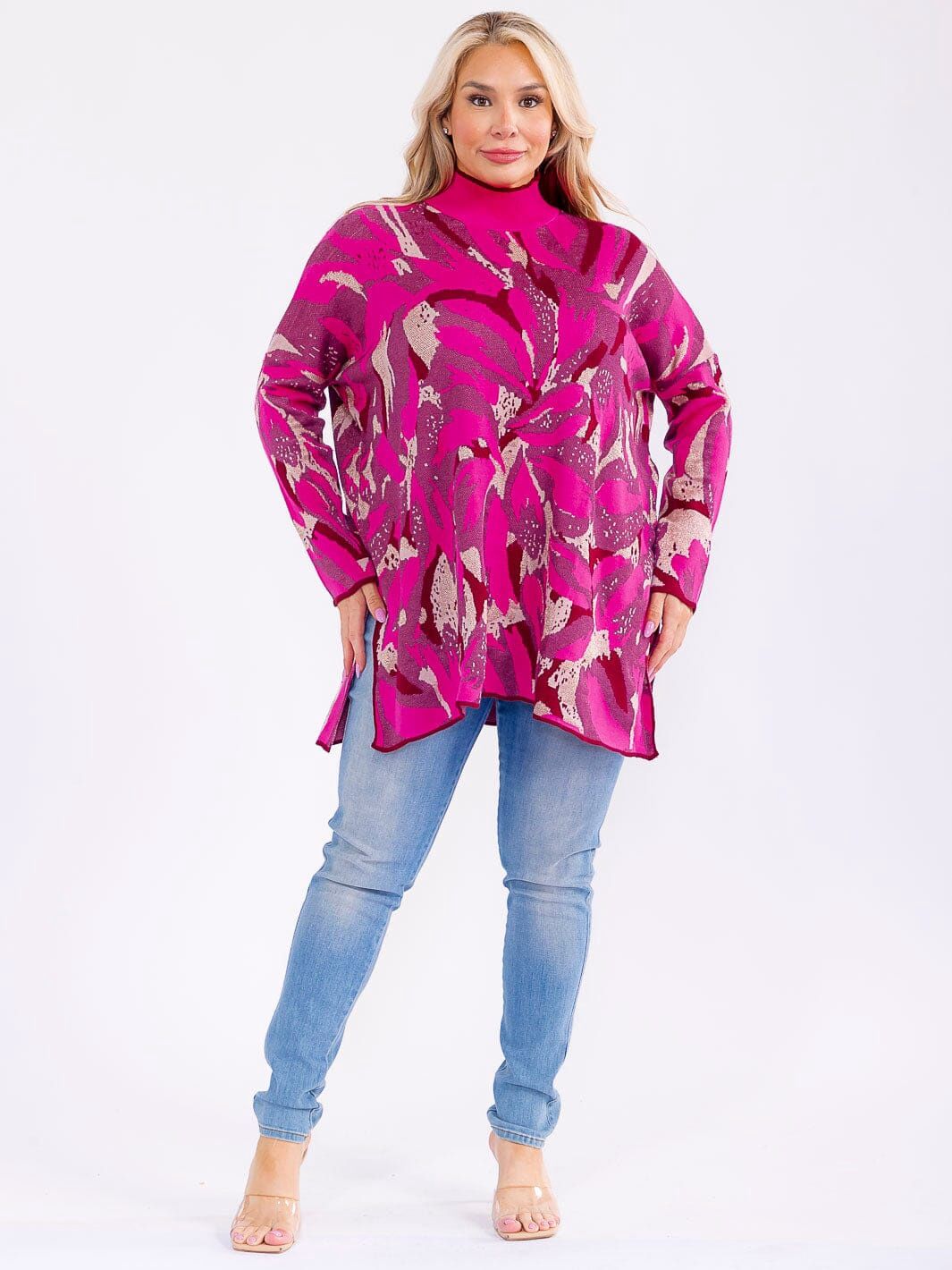 Woman Plus Size Sweater Shimmer Multi Perint Pullover Mock Neck Size XL