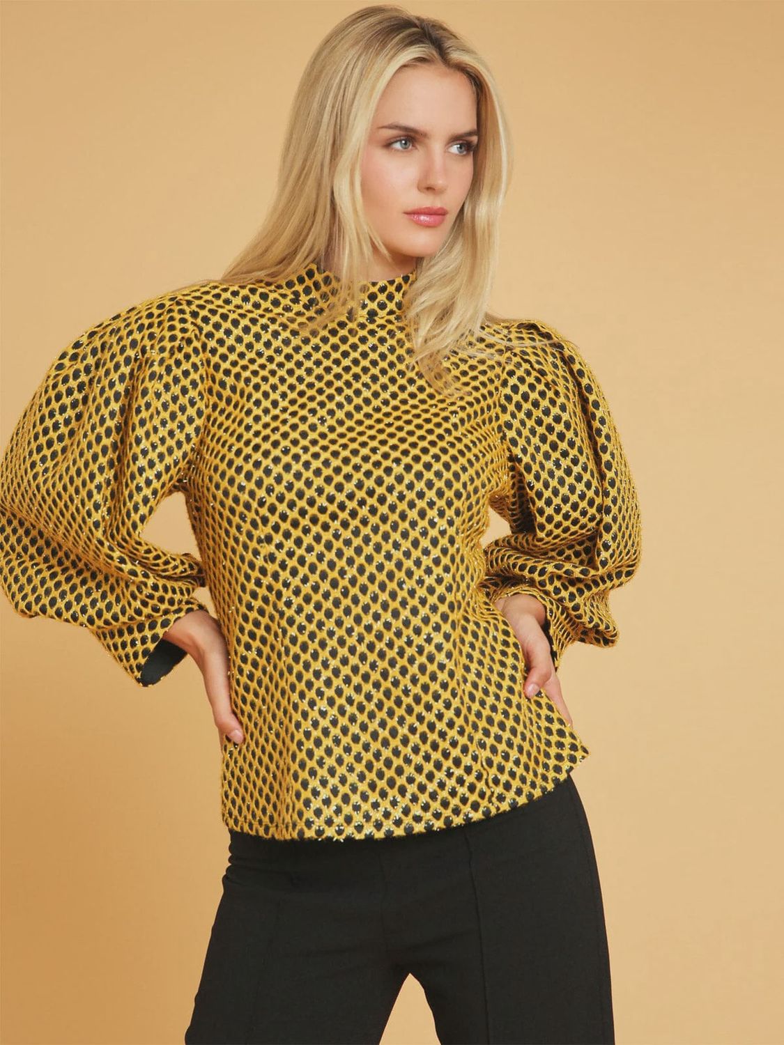 Woman Yellow and Black Blouse 3/4 Puff Sleeves Shimmer Size Small