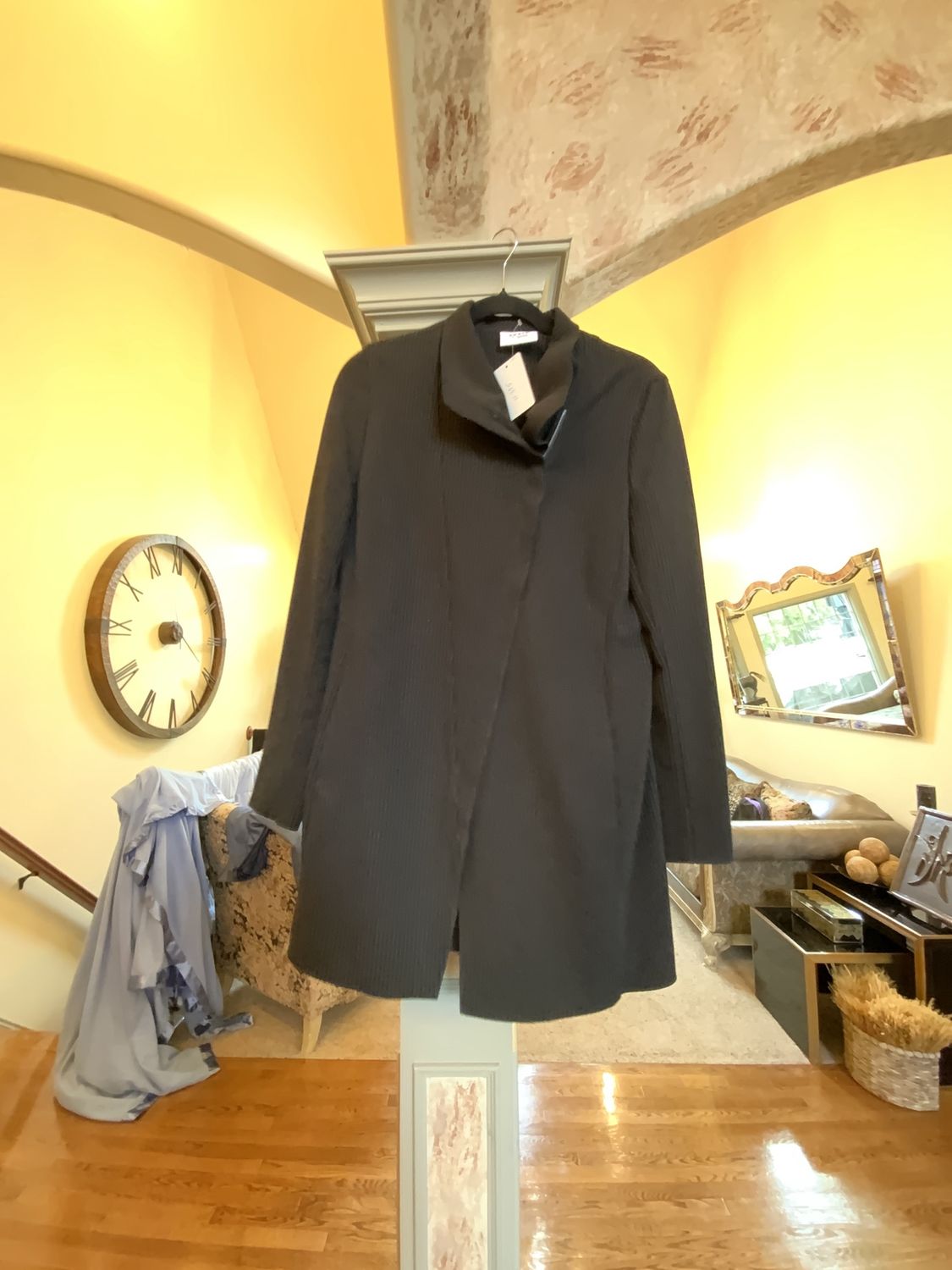 Woman Black and Gray Pin Strip Long Jacket with Side Zipper Size 10