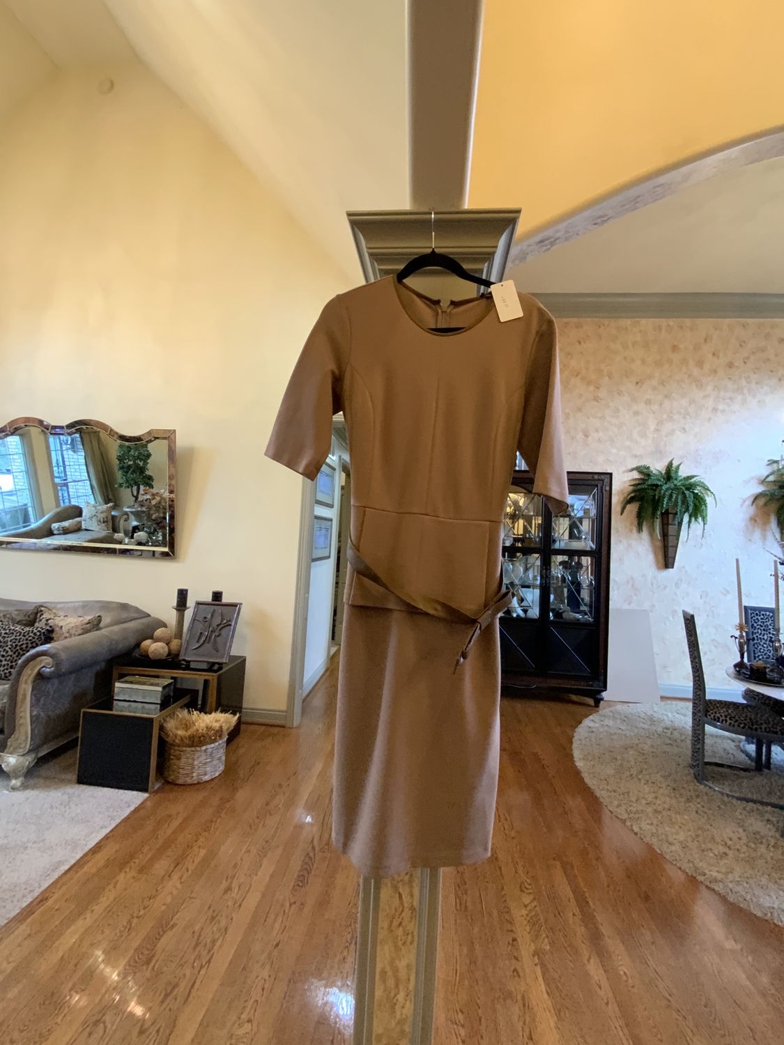 Woman Tan Dress with Leather Trim Bow Belt REG $ 325 Size 12