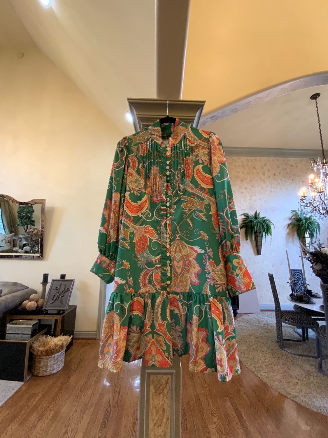 Woman Paisley Green Prints Button Up Dress Size Small