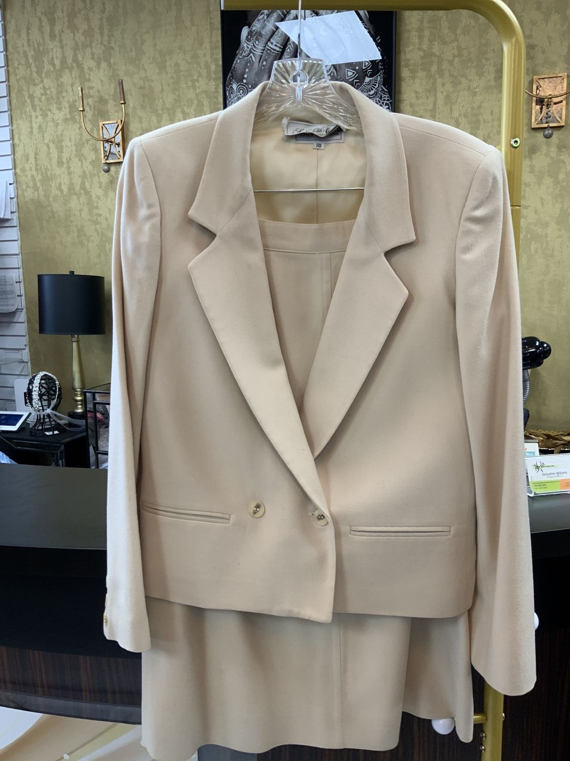 Woman Tan Suit Wool Jacket and Skirt Size 10
